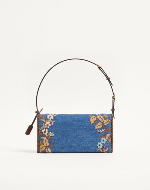 Valentino Garavani - Valentino Garavani Devain Small Shoulder Bag In Embroidered Denim - Denim/multicolour - Woman - Shoulder Bags